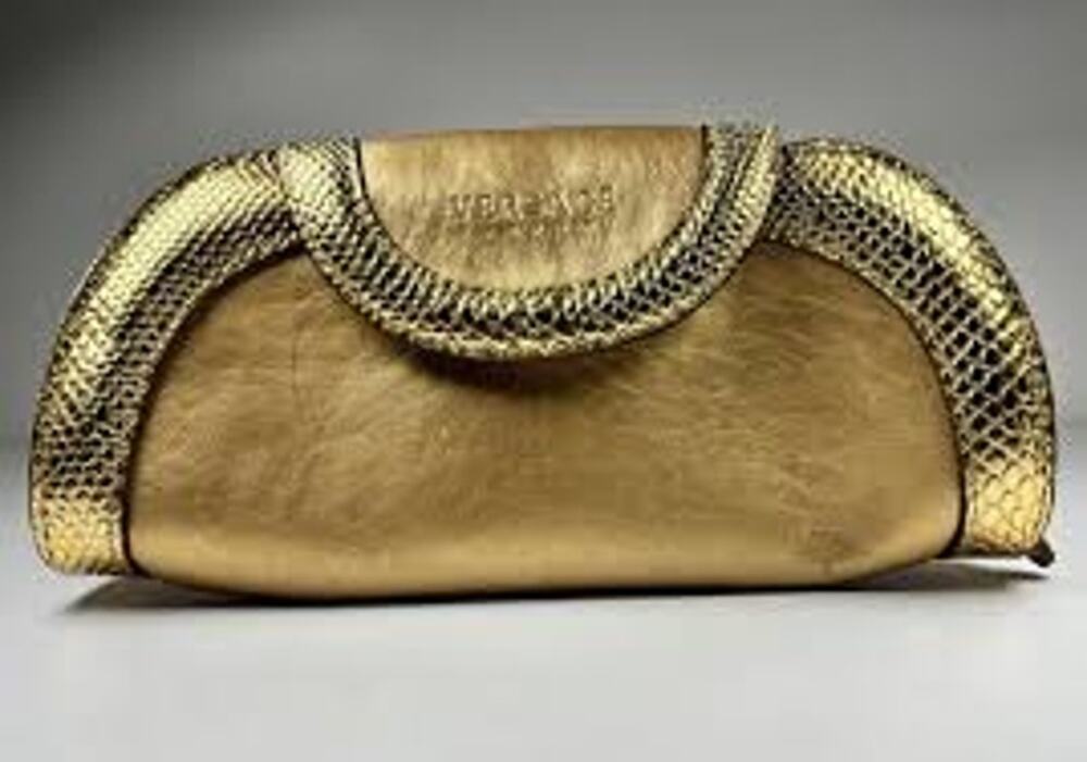 vintage Versace Parfums gold cosmetic clutch bag makeup metallic snakeskin